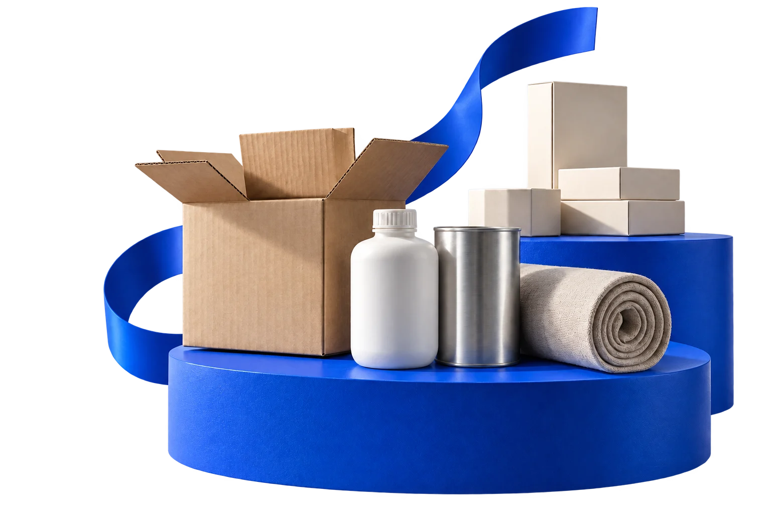 Des produits de fournisseurs mis en scène sur des plateformes bleues, prêts à toucher un nouveau marché.